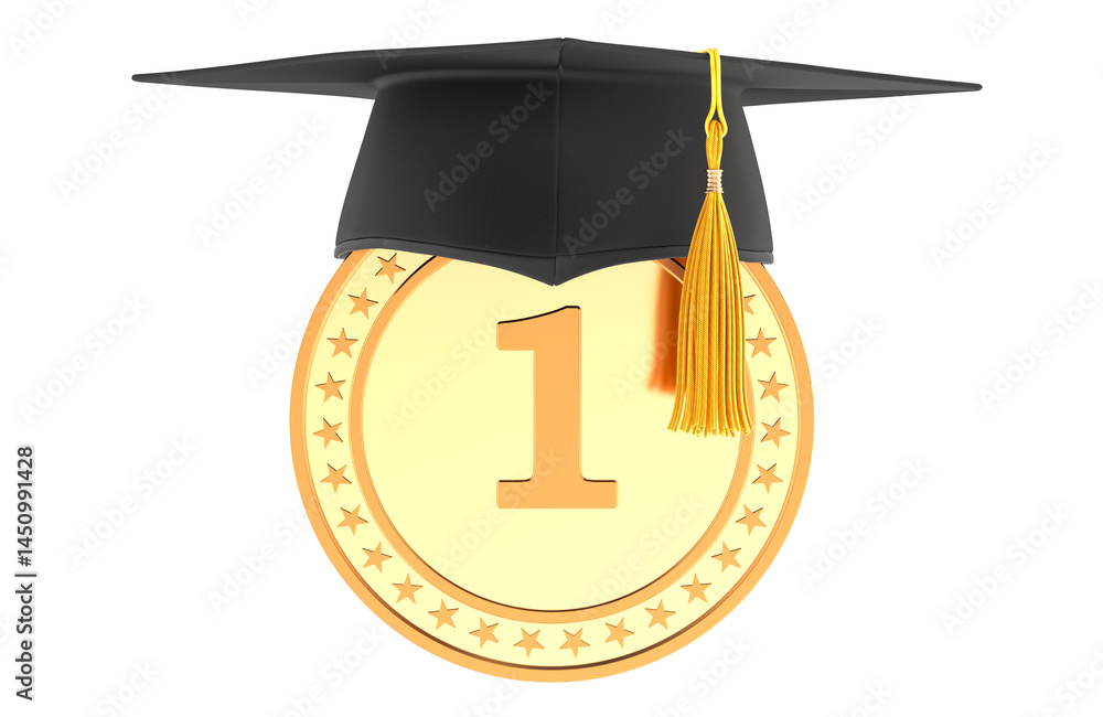 Poster golden coin with graduation cap. 3d rendering isolated on transparent background