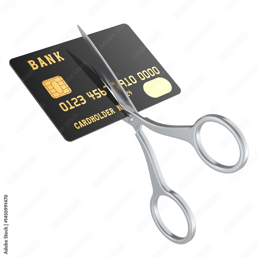 Poster scissors cutting a credit card, 3d rendering isolated on transparent background