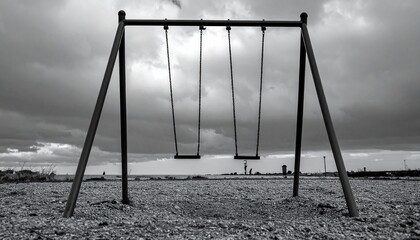 A swing slowly moving in an empty playground under a cloudy sky – Depression
