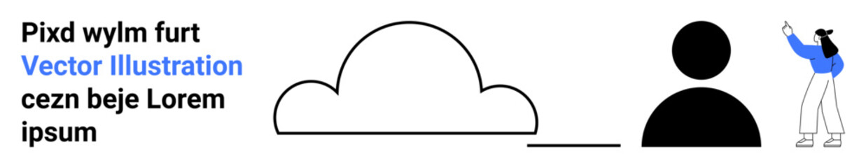 Abstract cloud storage illustration featuring a cloud, user profile icon, and a gesturing woman. Ideal for technology, cloud service, teamwork, presentations, online data sharing, user profiles