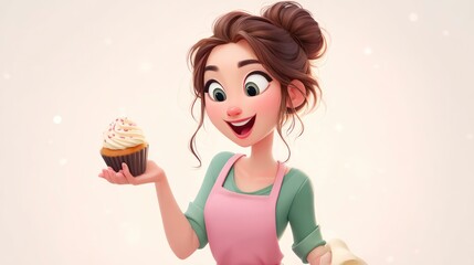A cheerful baker presenting a delicious cupcake perfect for culinary and baking themes