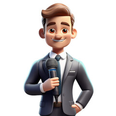 Cartoon Character Holding Microphone in a Professional Suit, isolated on transparent background