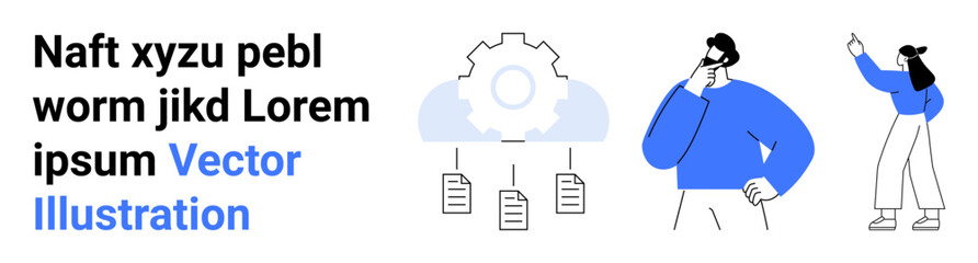 Gear icon connected to cloud and documents, man thinking, woman pointing forward. Ideal for teamwork, strategy, cloud technology, organization, planning, data sharing and simple landing page