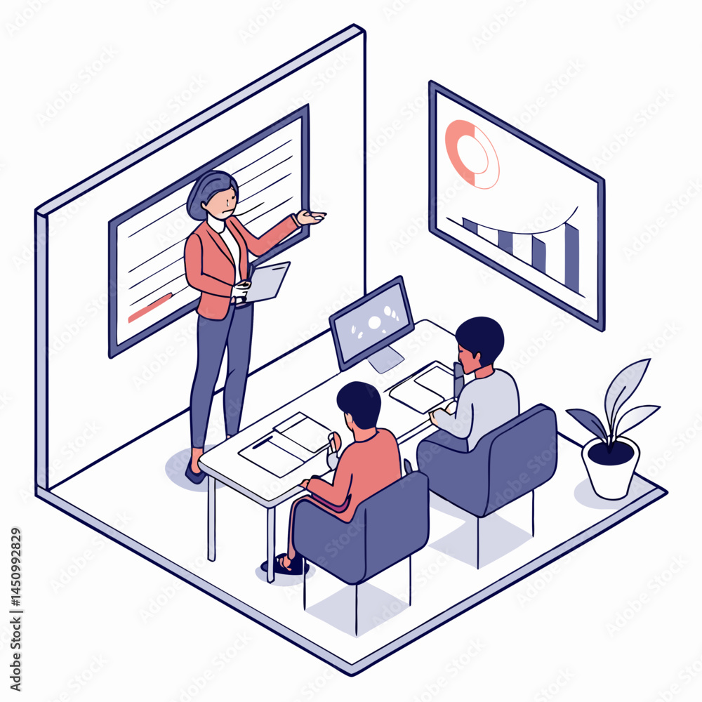 Poster business meeting isometric presentation with charts graphs and analysis reporting data