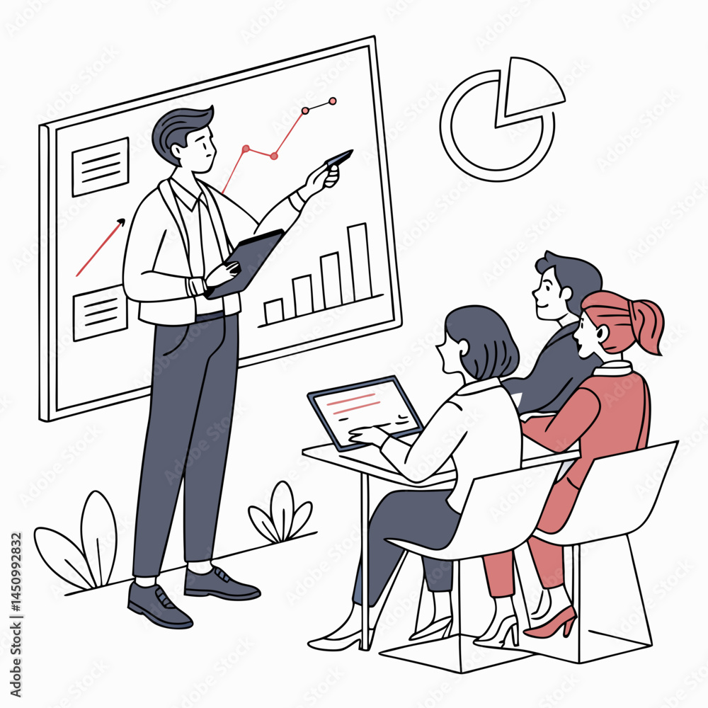 Poster man giving business presentation to colleagues explaining growth charts and statistics