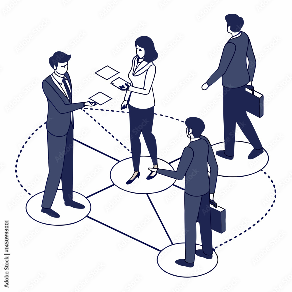 Poster isometric business network illustration showing connection and teamwork between colleagues