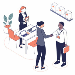 Business Agreement Illustration With Diverse Team And Modern Office In Isometric View