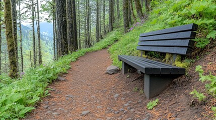 Fototapeta premium A peaceful hiking path featuring a wooden bench surrounded by lush greenery in a forest