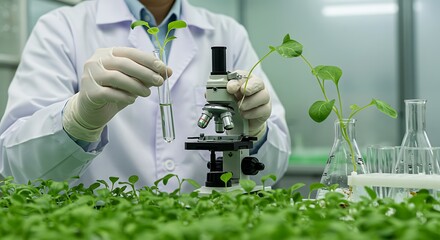 Plant Science: Researcher Examining Seedling with Microscope in Lab Environment.