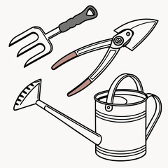 Black Outline Gardening Tools Illustration Showing A Watering Can And Fork