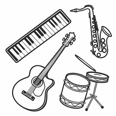 Musical Instruments Monochrome Line Art Of Guitar Piano Saxophone And Drums