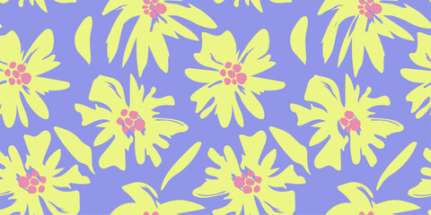 Seamless Floral Pattern with Yellow Abstract Flowers on Blue Background and Pink Centers  Abstract shape doodle art vector illustration. Print, wallpaper, clipart, wall art.