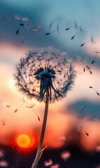 Wallpaper of flying dandelion plant with a beautiful nature background Generate AI