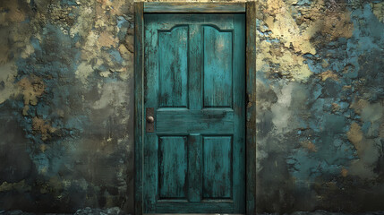 An aged teal colored wooden door set in a textured wall. [Corroded Realms] | Crimson Patina | aged finish. Illustration