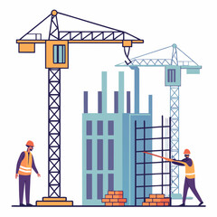Construction Site With Cranes Building And Construction Workers Vector Illustration