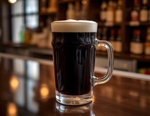 Dark stout beer in a glass with a creamy head, set in a moody, rich-toned environment for branding or product display.