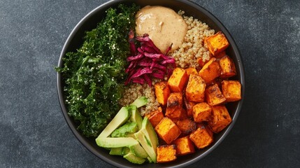 Delicious and Healthy Quinoa Bowl with Roasted Sweet Potatoes, Kale, Avocado, and Beetroot