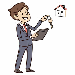 Real Estate Agent Cartoon Illustration Offering New Home Keys In Hand