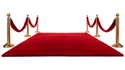 A red carpet with golden stanchions and velvet ropes on each side isolated on transparent background	