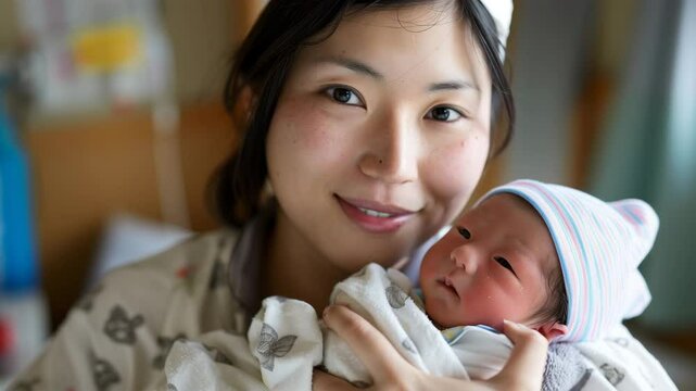 優しく赤ちゃんを抱く日本人ママの笑顔