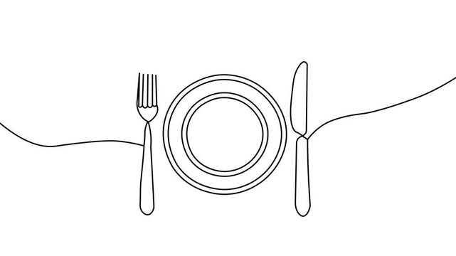 Continuous line drawing animation of a plate accompanied by a knife and fork. Elegant Simplicity in Dining Concept