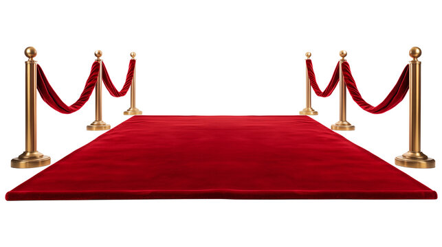 A red carpet with golden stanchions and velvet ropes on each side isolated on transparent background	