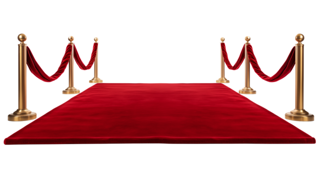 A red carpet with golden stanchions and velvet ropes on each side isolated on transparent background	