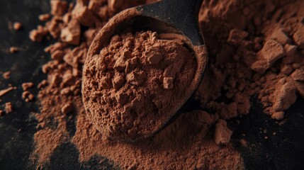 Scoop of chocolate whey protein on black surface