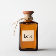An antique style brown glass bottle with a tag that reads the word Love on a white background
