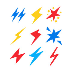 Fototapeta premium Collection Of Colorful Lightning Bolt And Explosion Icon Vector Set On Black