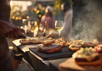Person grilling steaks and sausages at a lively outdoor gathering.