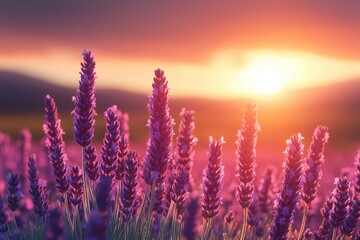 Lavender flowers create a vibrant purple carpet under a breathtaking sunset, showcasing nature's beauty and tranquility