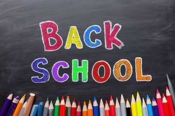 Colorful chalk letters 'BACK TO SCHOOL' on chalkboard with pencils.