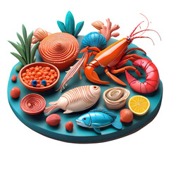 Colorful Display of Seafood and Ingredients on a Vibrant Plate, isolated on transparent background