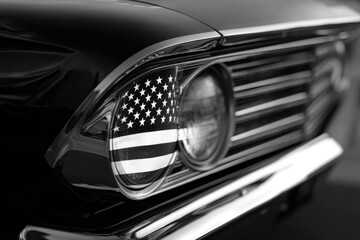 Classic car headlight with USA flag reflection.