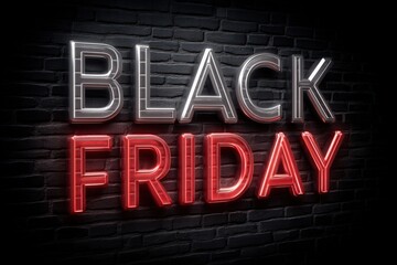 Fototapeta premium Bright neon Black Friday sign on brick wall.
