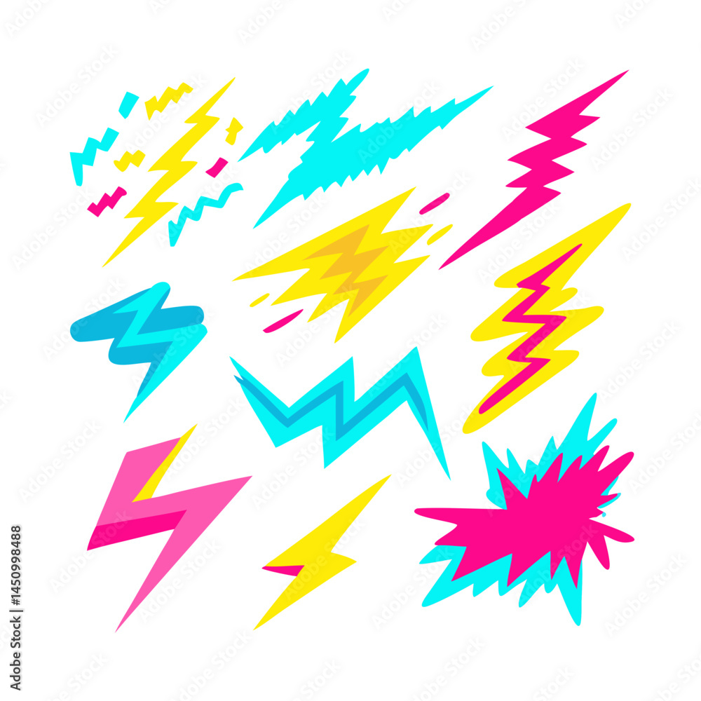 Poster collection of retro style lightning bolt vector graphics on a black background