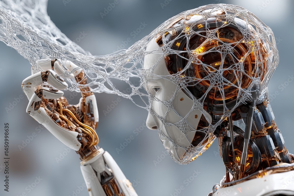 Poster sophisticated humanoid robot contemplates delicate web structure, showcasing advanced technology and