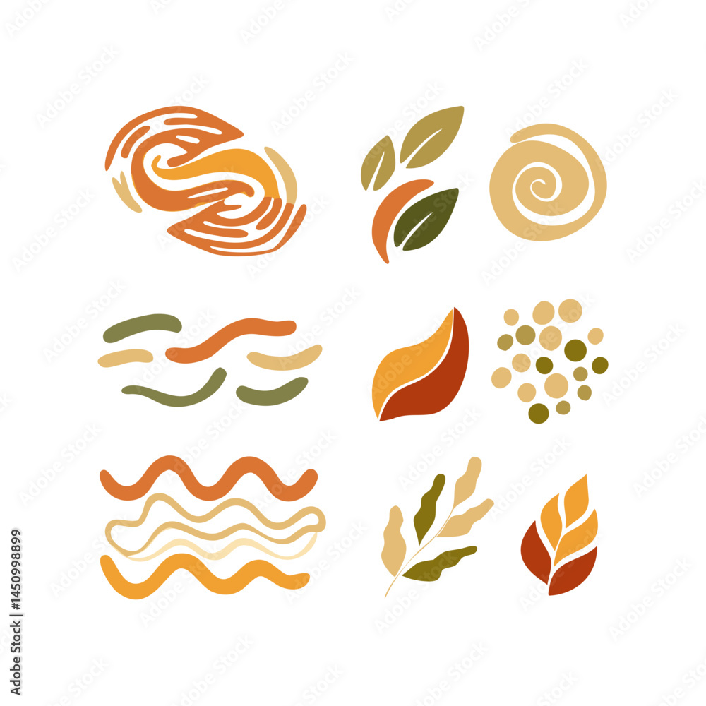 Poster boho vector elements with leaves waves and circles on a black background