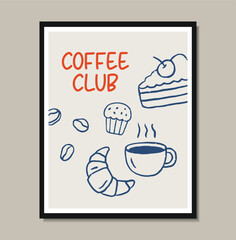 Breakfast doodles poster. Vector illustration of croissant and coffee, crayon drawing 