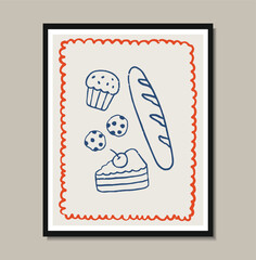 Breakfast doodles poster. Vector illustration of croissant and bakery, crayon drawing style