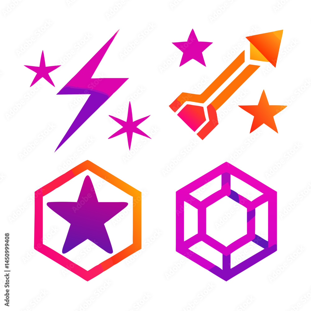 Poster gradient abstract logos symbols with lightning stars arrow hexagon design on black
