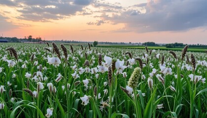 Enchanting Floral Vista: A sprawling field of white flowers under a sunset-kissed sky evoking tranquility and nature's beauty