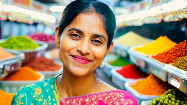 Indian woman smiling in a market with vibrant spices background  