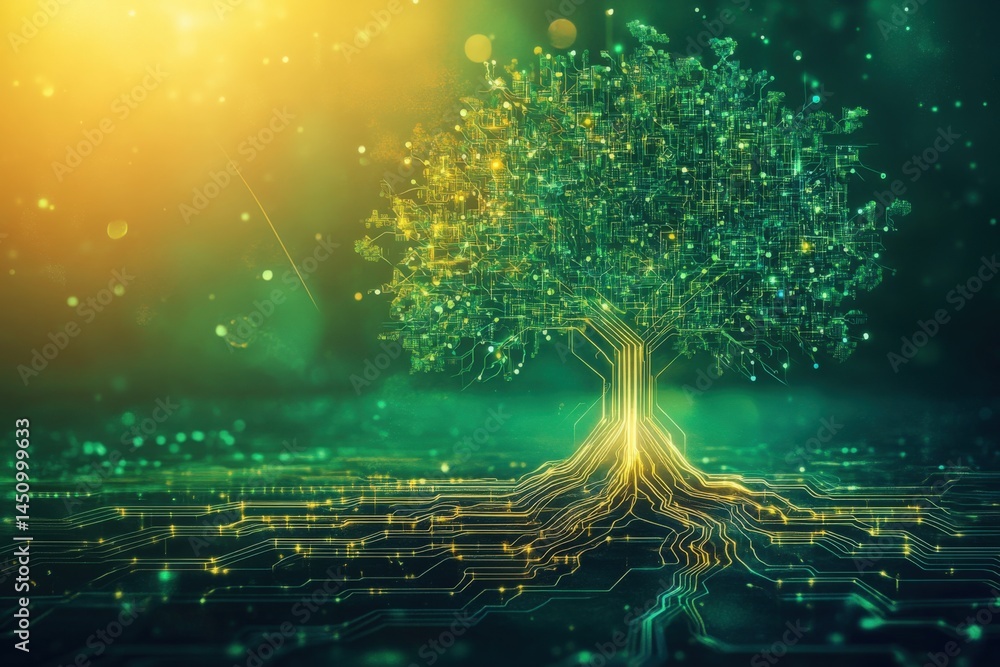 Poster digital tree with circuit board veins symbolizing growth and technological connection