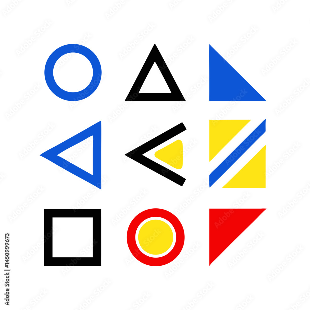 Poster abstract geometric shapes in primary colors on black background simple design