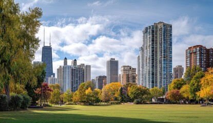 Obraz premium City skyline with vibrant fall foliage.