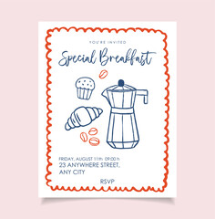 Breakfast hand draw invitation party set. Italian la dolce vita, crayon drawing style