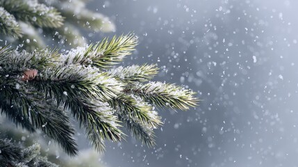 Snow-covered pine branch in wintry scene.