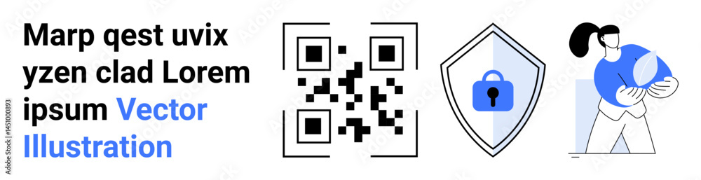 Poster qr code, security shield with lock, and individual holding globe emphasizing cybersecurity, data pro